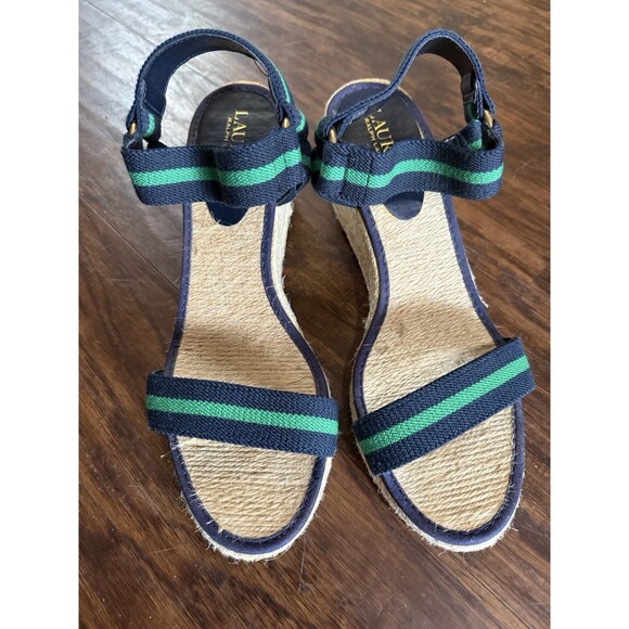 Lauren Ralph Lauren Women’s Wedge Sandals 8.5B Green Navy Strap Ankle 3” Preppy - Picture 2 of 10